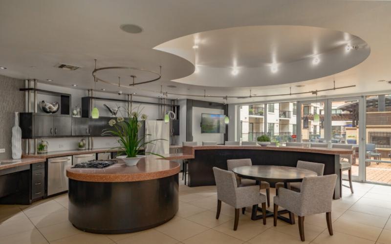 a large kitchen with a large island